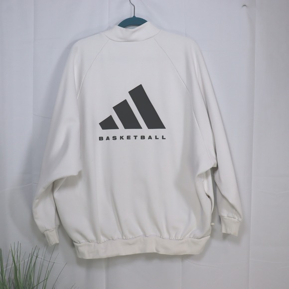 Adidas Basketball Jacket Mens Large White Full Zip Oversized Batwing Logo Fleece - Picture 2 of 5